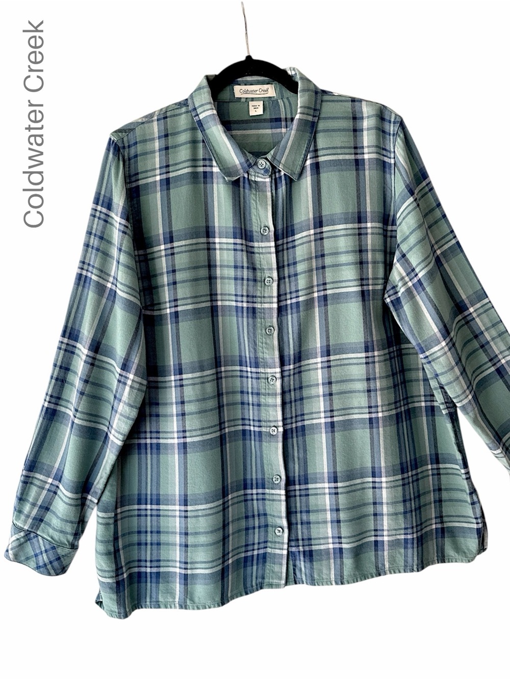 COLDWATER CREEK NWOT INDIGO SOFT TOUCH PLAID COTTON SHIRT LONG SLEEVE | LARGE